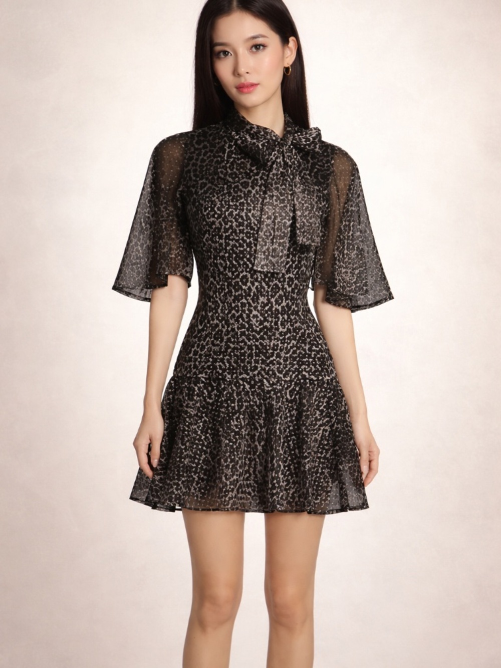 Black Halo Leopard Mesh Tie-Neck Mini Dress‎ Party US 2